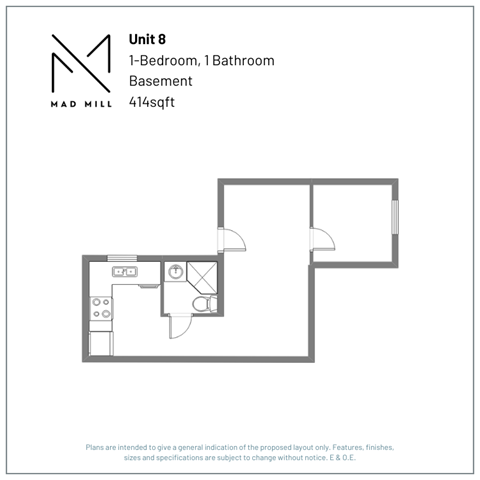 Floor plan for 1 bed, 1 bath, 455 sqft